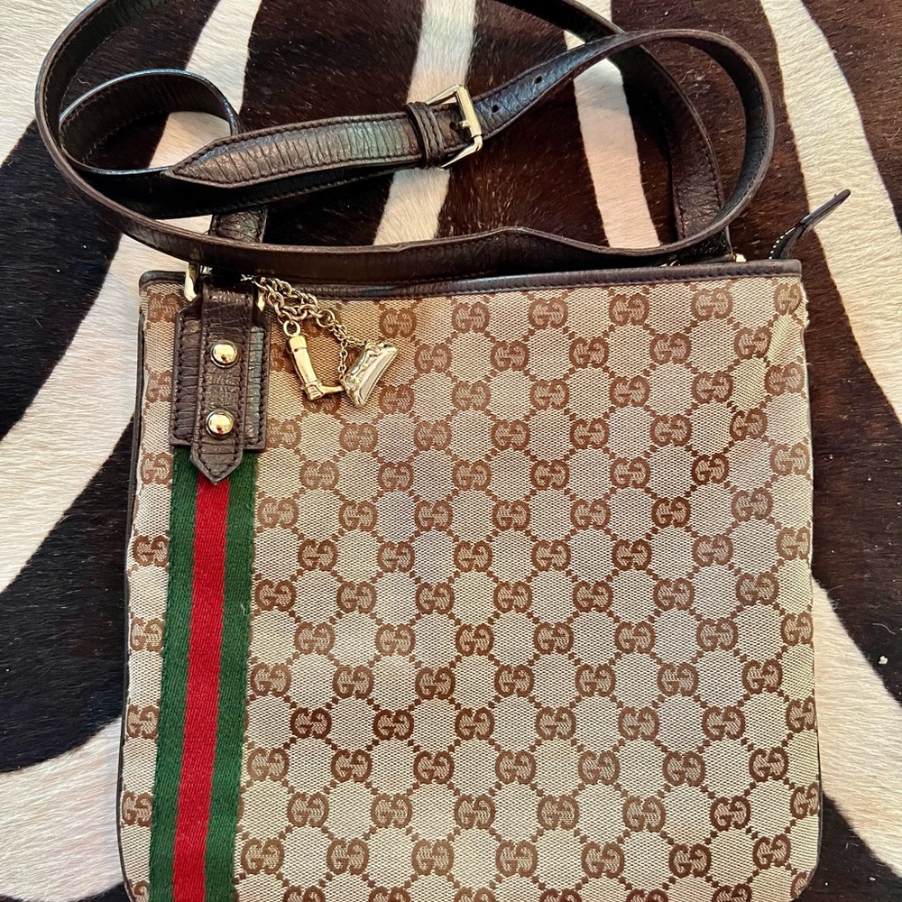 Authentic Vintage Gucci Monogram Canvas Web Jolicoeur Charms Crossbody Bag